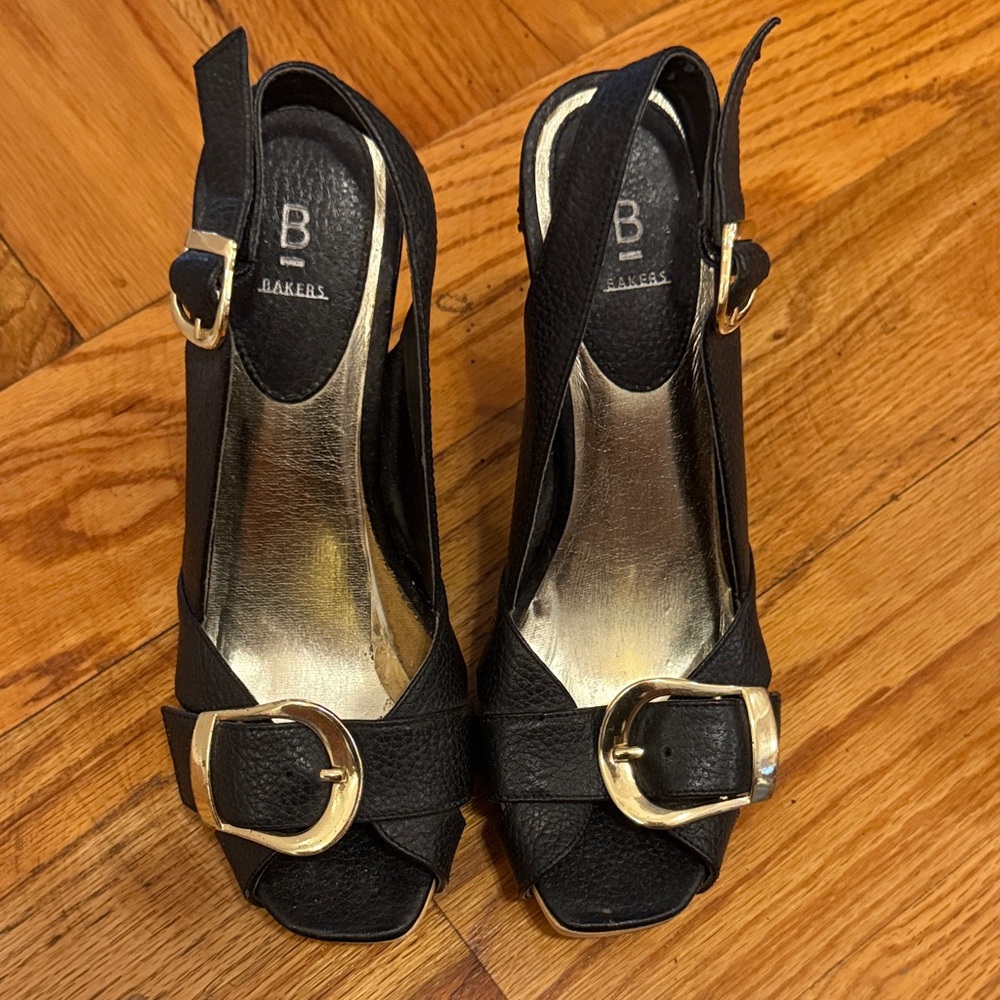 Bakers Black Heels with Gold Buckles